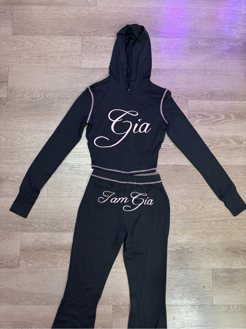 I.AM.GIA Black Crop Hoodie & High-Waist Pants Set with Pink Script